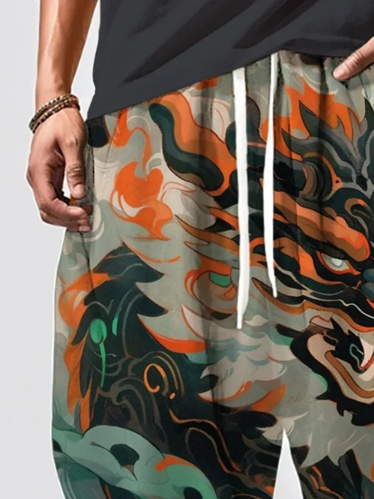 Fashion Men's Long Trousers Holiday Abstract Dragon Pattern Print Loose Drawstring Waist Sweatpants Oversized Autumn Bottoms