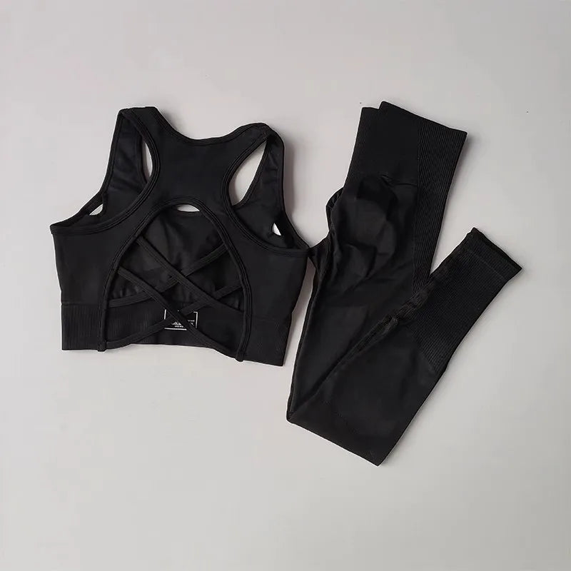 Women's yoga exercise set, cross belt backless sports bra paired with hip lifting and high waist yoga fitness pants