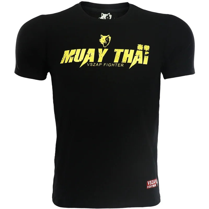 Vszap Muay Thai Comprehensive Fighting Boxing Golden Fitness T-shirt Men's Top Sports Casual Pure Cotton Stretch MMA Fight