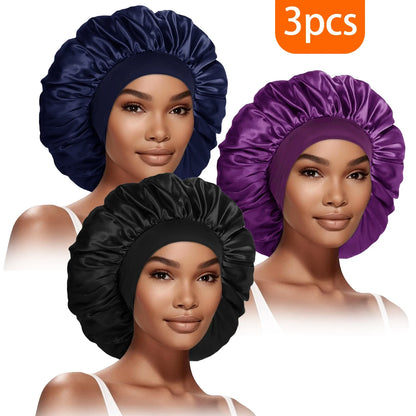 3pcs Satin Bonnet for Women Extra Wide Brim Silk Sleep Cap - Curly Hair Care, Gym & Travel, Breathable Elastic Band