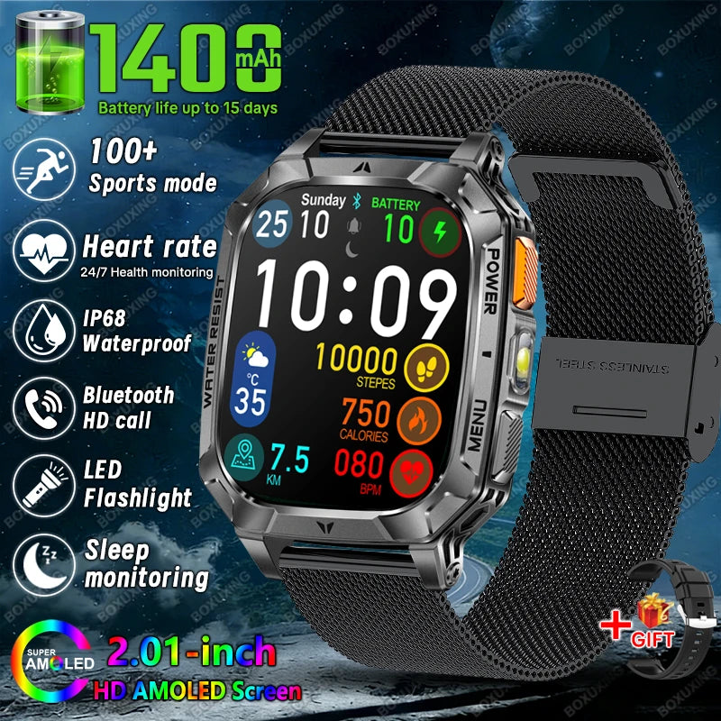 2026 New 1400 mAh Battery Military Grade Smart Watch Men IP68 Waterproof 100+ Sports Modes Bluetooth Call AMOLED HD Smartwatches
