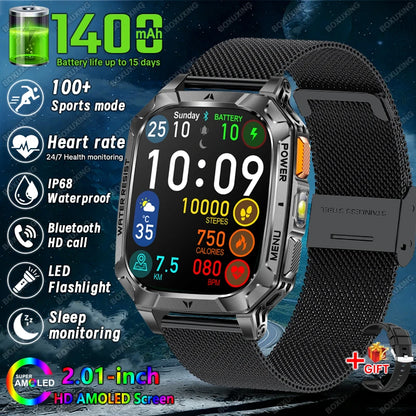 Rugged Military 1400mAh Battery Smart Watch Fitness Tracking IP68 Waterproof Tactical Sports Flashlight 2026 New Men Smartwatch