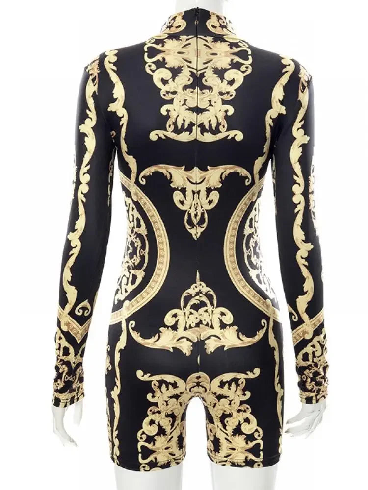 Oshoplive 2024 New Summer Female Fashion Female Gold Print Long Sleeves Playsuits Sexy Casual Fitness Short Jumpsuits For Women