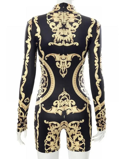 Oshoplive 2024 New Summer Female Fashion Female Gold Print Long Sleeves Playsuits Sexy Casual Fitness Short Jumpsuits For Women