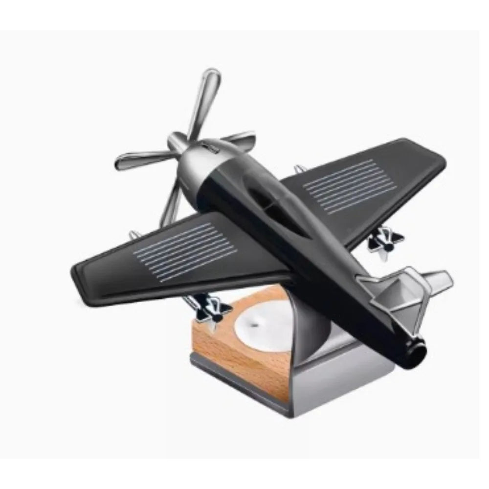  ﻿ Alloy Solar Airplane Car Diffuser Wooden Base Fragrance Diffuser Energy Rotate Airplane Ornaments for Car Office Home Decor