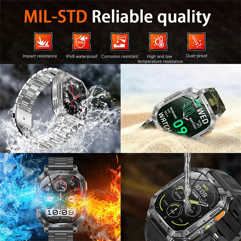 Outdoor military Smart Watch 1400mAh Battery Fitness Tracking 10ATM Waterproof Tactical Sports Flashlight Men's Phone Watches