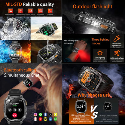Rugged Military Smart Watch 1400mAh Battery Fitness Tracking IP68 Waterproof Tactical Sports Flashlight 2026 New Men Smartwatch