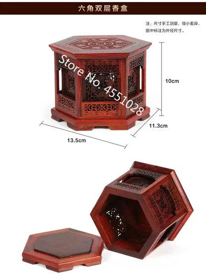Red Rosewood Incense Burner Double-Layer Sandalwood Box Wood Carving Crafts Solid Four-Corner Ornament Home Decor