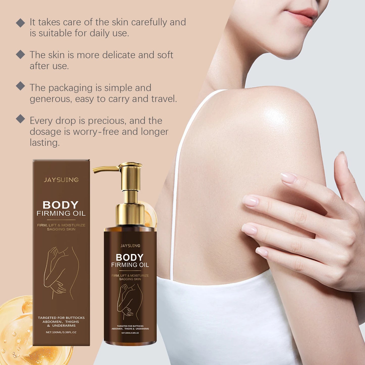 Moisturizing and firming body oil, improves dryness and roughness, easy to absorb during massage, makes skin smooth and radiant