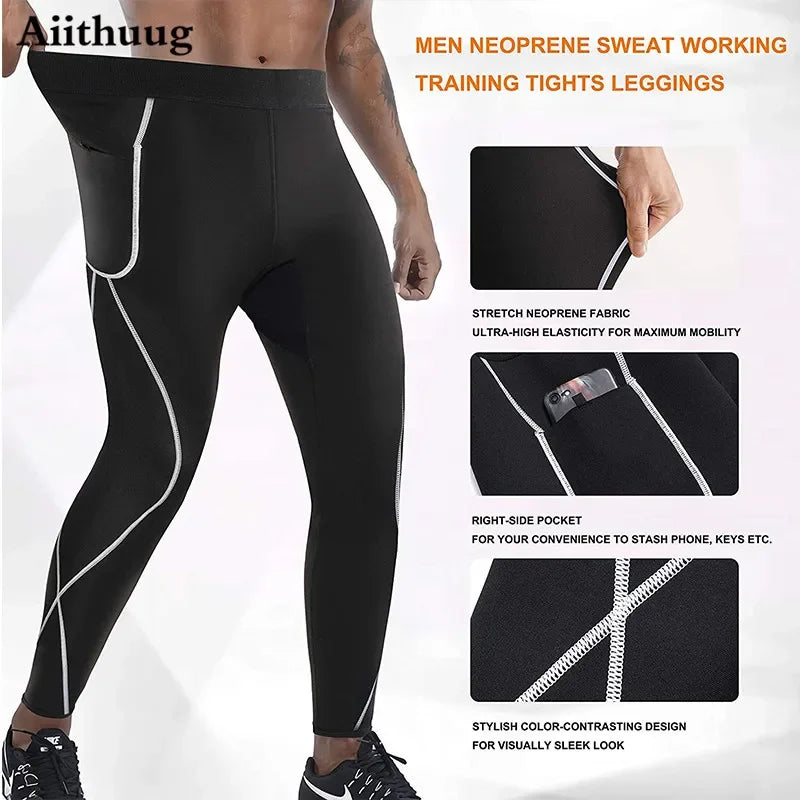 Aiithuug Men Neoprene Sweatpants Athletic Sauna Sweat 5 Times Sweating Pants Running Workout Sports Leggings Pocket Body Shapers