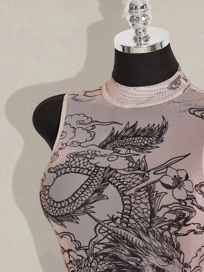 Sheer Mesh Bodysuit with Asian-Inspired Dragon & Floral Print, High Neck, Nude Tone