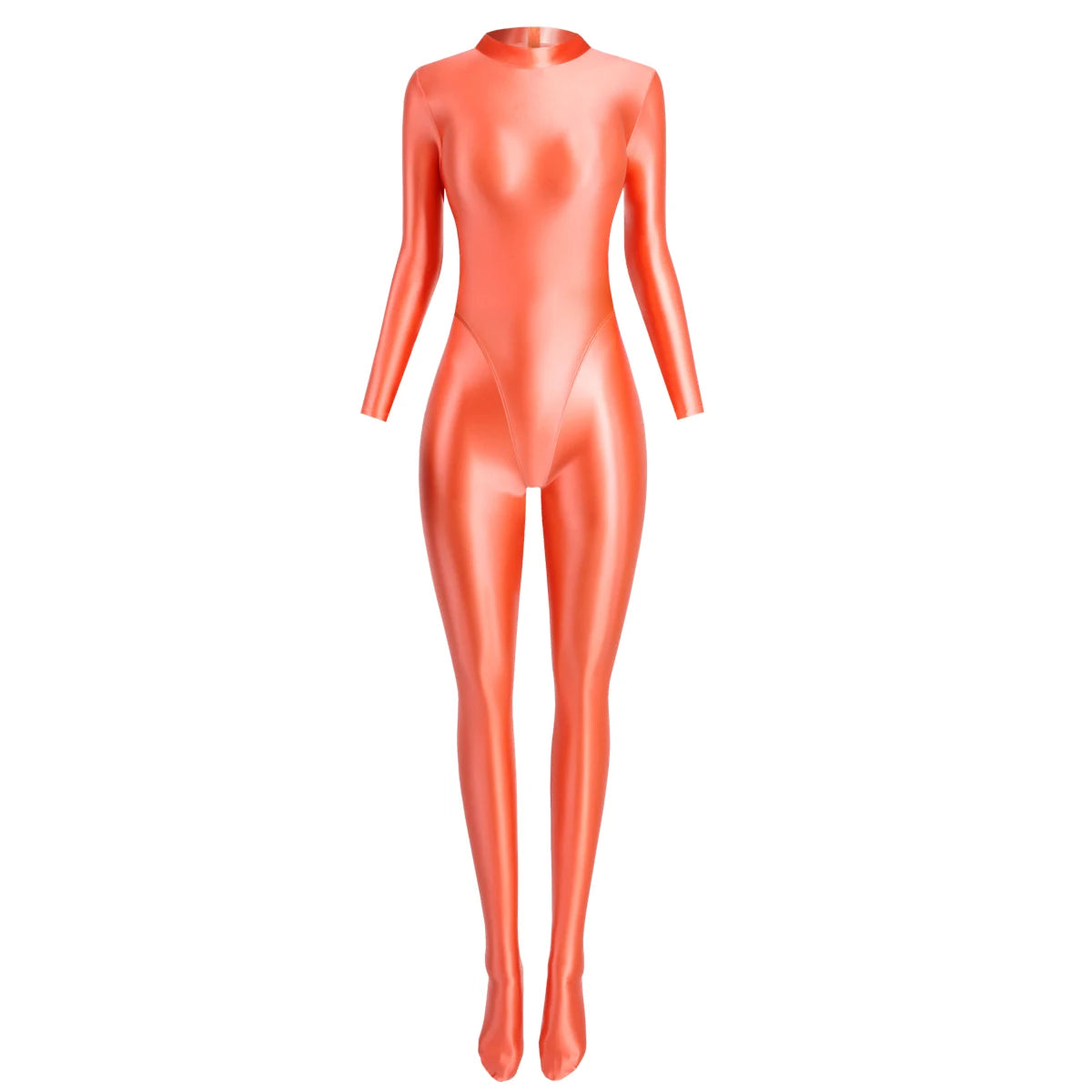 MJINM Glitter Shiny Satin High Stretch V-crotch Longsleeve Back Zipper Yoga Fitness Jumpsuit Bodysuit Playsuit Catsuit Homewear