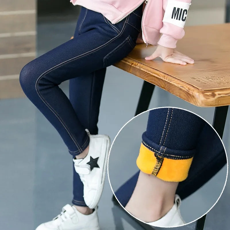 Girls Skinny Pants Winter Thick Leggings For Girls Pencil Pants Cowboy Denim Long Pants Children Trousers Kids Winter Clothes