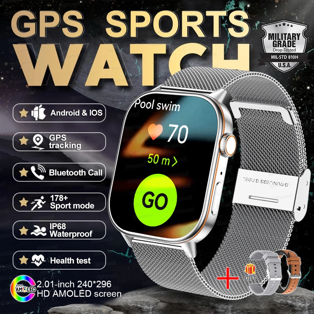 2025 New Outdoor Military GPS Smart Watch 2.01-inch AMOLED Screen BT Call 178+ Sport Mode IP68 Waterproof Smartwatches Man Women