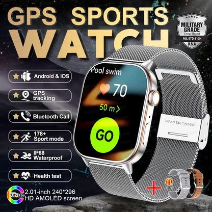 2025 New Outdoor Military GPS Smart Watch 2.01-inch AMOLED Screen BT Call 178+ Sport Mode IP68 Waterproof Smartwatches Man Women