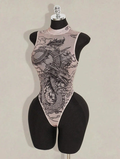 Sheer Mesh Bodysuit with Asian-Inspired Dragon & Floral Print, High Neck, Nude Tone