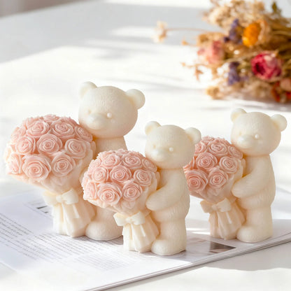 Valentine Bear Candle Mold Holding Rose Silicone Mold Romantic Gift DIY Aromatherapy Wax Plaster Resin Craft Home Decor