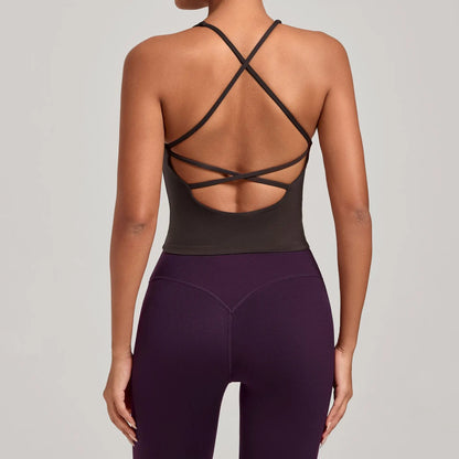 Sexy Cross Backless Sports Tank Tops with Cups Women Gym Clothing Sleeveless V-neck Fitness Active Vest Female Workout Slim Top