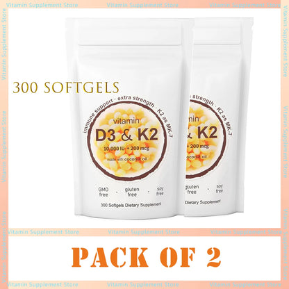 Vitamin D3 K2 10000 IU 300 Coconut Oil Softgels, 2 in 1 Vitamins Supplement D & K (MK7) Supports Calcium Absorption, Bone Health