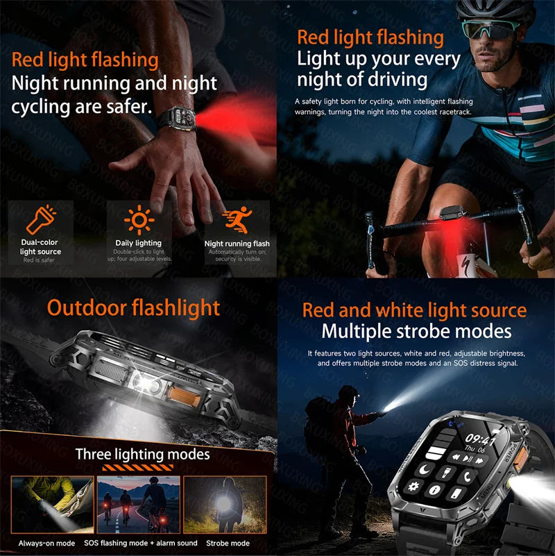 Outdoor military Smart Watch 1400mAh Battery Fitness Tracking 10ATM Waterproof Tactical Sports Flashlight Men's Phone Watches