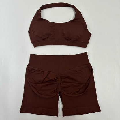 Yoga Shorts Sets Seamless Yoga Set Women 2Pcs Halter Sports Bra Scrunch Butt Gym Shorts Set Workout Clothes Summer Sportswear