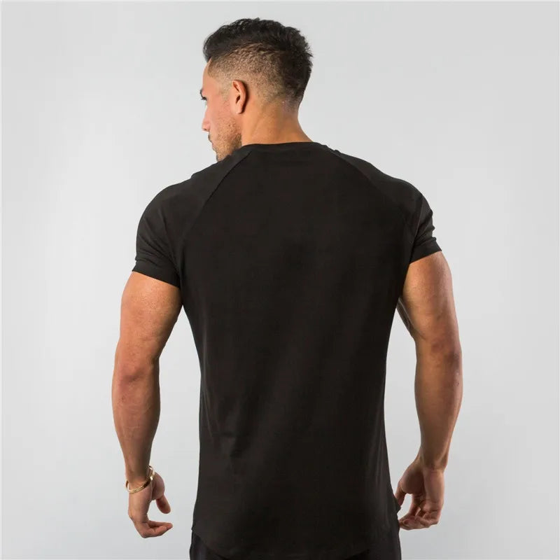 Men's T-shirt European Summer Fitness Sports Solid Cotton Elasticity Active Short-sleeved T-shirt Large Size M-2XL
