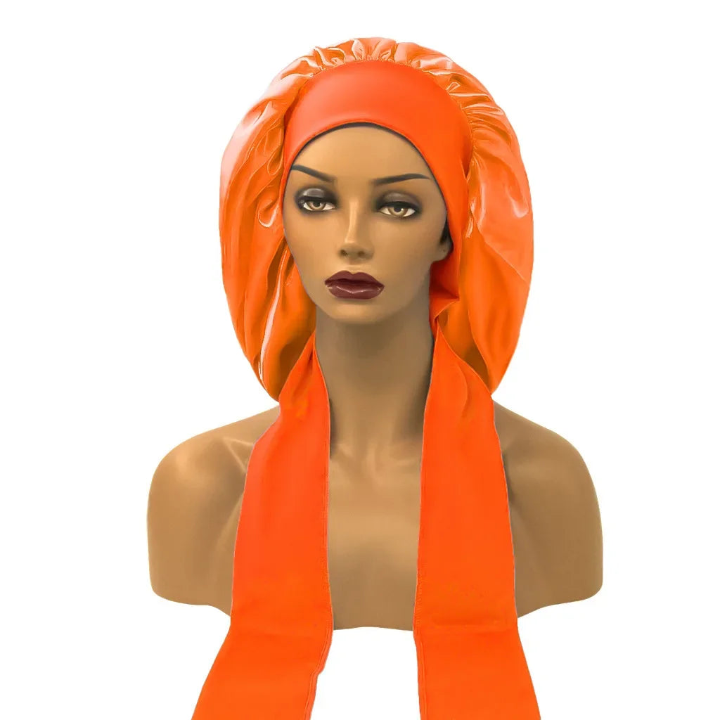 Women Satin Widened Sleep Hat Night Sleep Cap with Long Streamer Hair Care Bonnet Nightcap Elastic Cap De Nuit Shower Turban