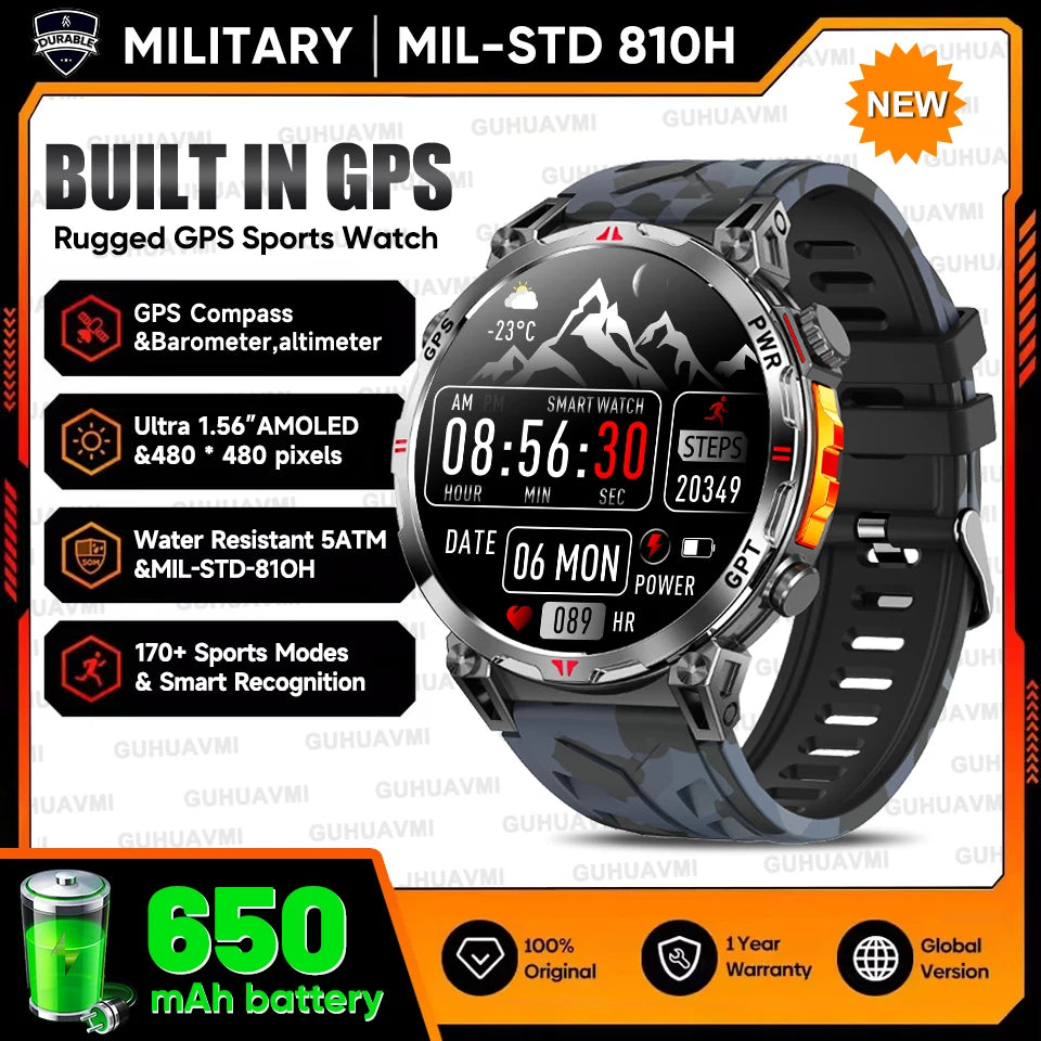 2026 Outdoor GPS Sports Smart Watch Men Built in GPS Compass 5ATM Waterproof Bluetooth Call HD AMOLED Screen Fitness Smartwatch
