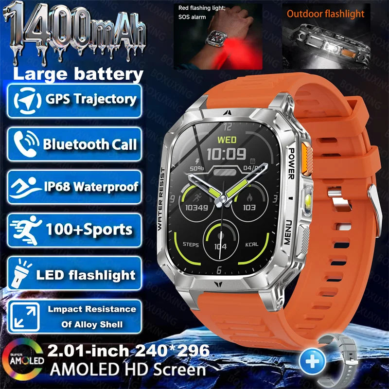 Outdoor military Smart Watch 1400mAh Battery Fitness Tracking 10ATM Waterproof Tactical Sports Flashlight Men's Phone Watches