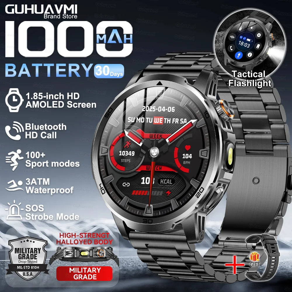 2026New Rugged Military Grade Smart Watch Men 1000mAh Large Battery Flashlight Waterproof Voice Call Sports Men Fitness Bracelet