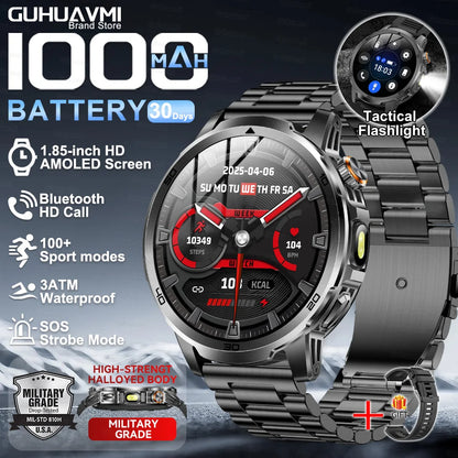 2026New Rugged Military Grade Smart Watch Men 1000mAh Large Battery Flashlight Waterproof Voice Call Sports Men Fitness Bracelet