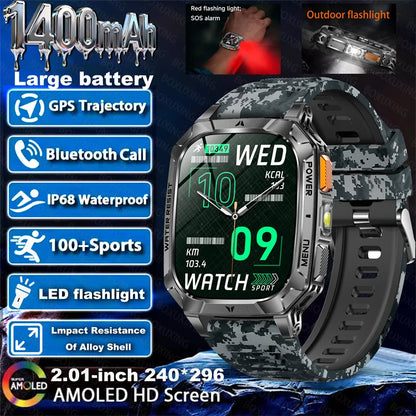 Outdoor military Smart Watch 1400mAh Battery Fitness Tracking 10ATM Waterproof Tactical Sports Flashlight Men's Phone Watches