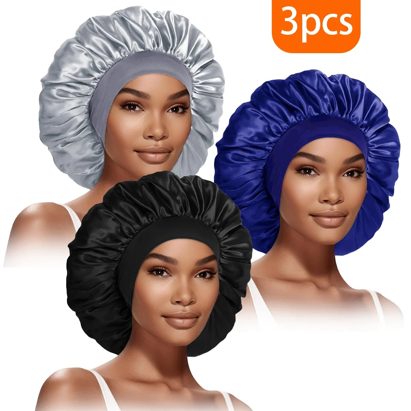 3pcs Satin Bonnet for Women Extra Wide Brim Silk Sleep Cap - Curly Hair Care, Gym & Travel, Breathable Elastic Band