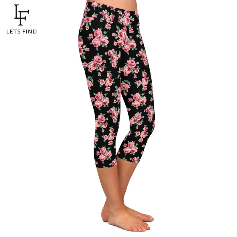 LETSFIND Summer New Arrival Women Capri Leggings Fashion High Waist 3D Flowers Digital Print Fitness Sexy Stretch Girls Leggings