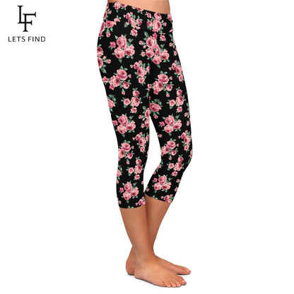 LETSFIND Summer New Arrival Women Capri Leggings Fashion High Waist 3D Flowers Digital Print Fitness Sexy Stretch Girls Leggings