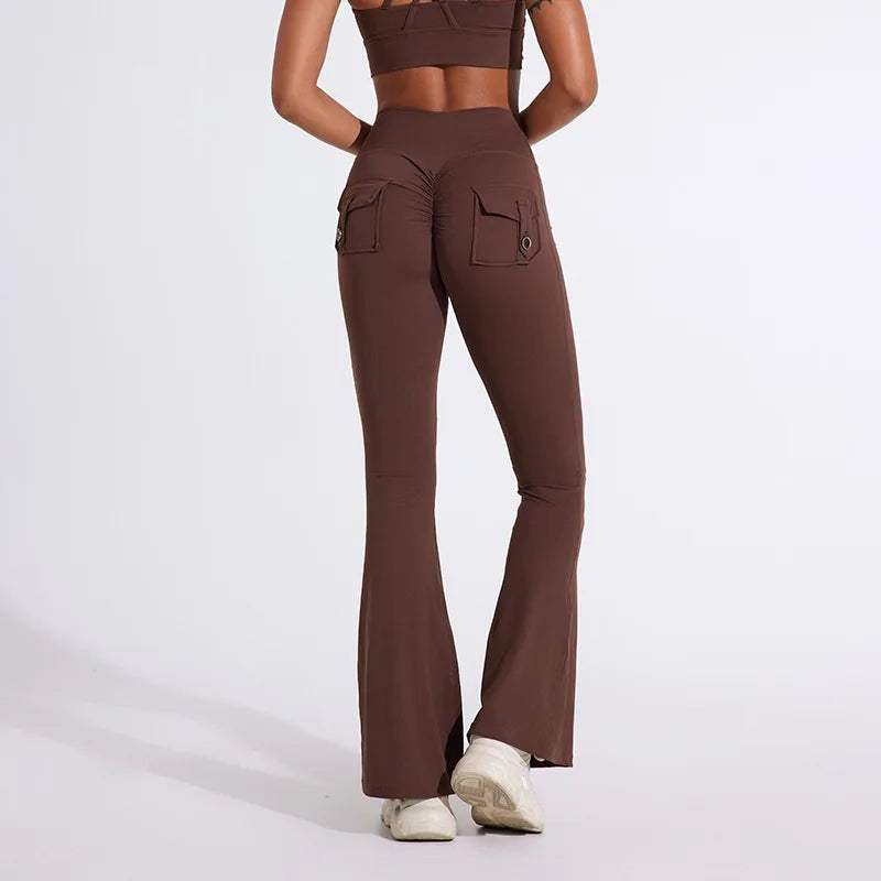 Workwear Pocket Pants, Women's Peach Bell Bottom Pants, Hip Lifting Sports Leggings, Fitness Pants, Micro Bell Bottom Pants