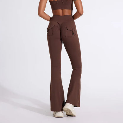 Workwear Pocket Pants, Women's Peach Bell Bottom Pants, Hip Lifting Sports Leggings, Fitness Pants, Micro Bell Bottom Pants