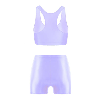 Womens Glossy Swimwear Sleeveless Tank Top with Mid Waist Shorts Fitness Workout Yoga Sportswear Beach Pool Surfing Swimsuit