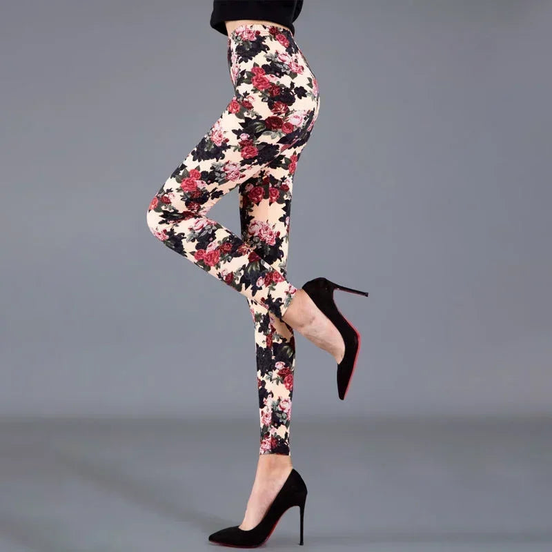 Women Floral Printed Exercise Colorful Peony Flower Female Elastic Leggins High Waist Pants Push Up Trousers Fitness Leggings