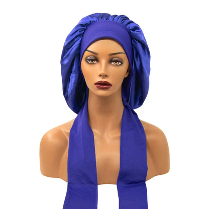 Women Satin Widened Sleep Hat Night Sleep Cap with Long Streamer Hair Care Bonnet Nightcap Elastic Cap De Nuit Shower Turban