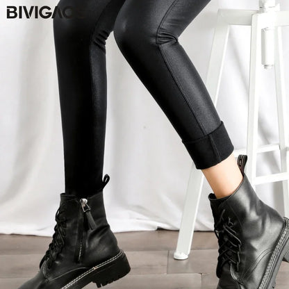 Autumn Winter Black Fleece Matte Leather Leggings Women High Waist  Sexy Motorcycle Pants Slim Skinny Warm Leggings
