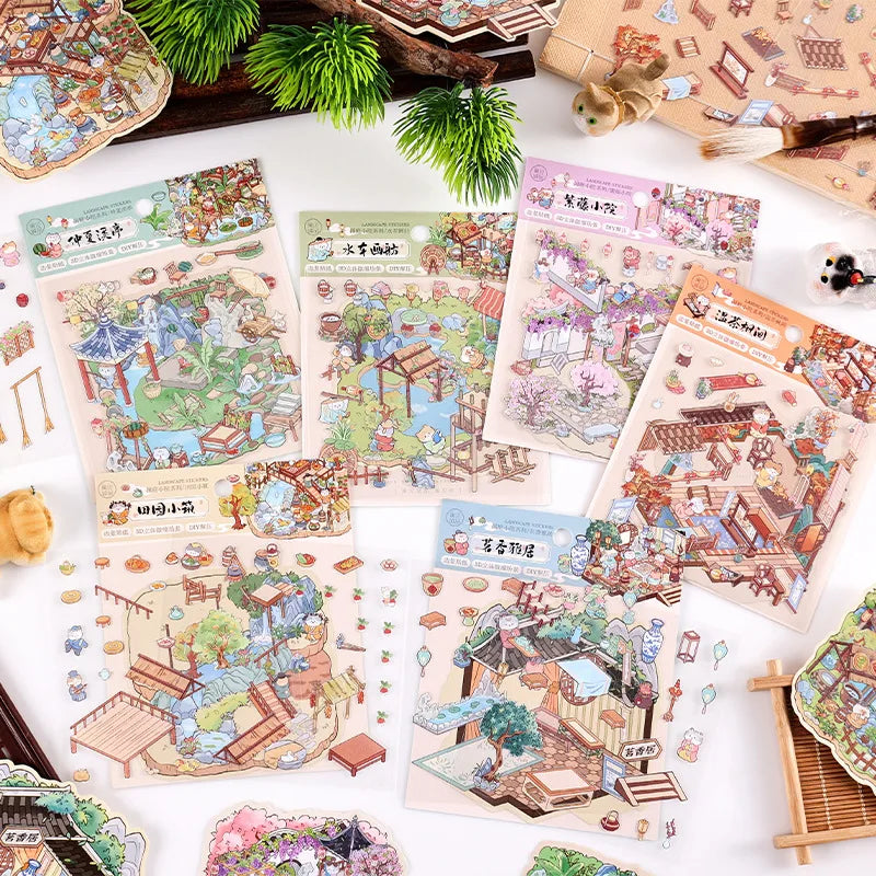 Rertro Cute Cartoon Chinese Courtyard 3D Sticker Set DIY Garden Miniature Diorama Decals Landscape Stickers for Journaling