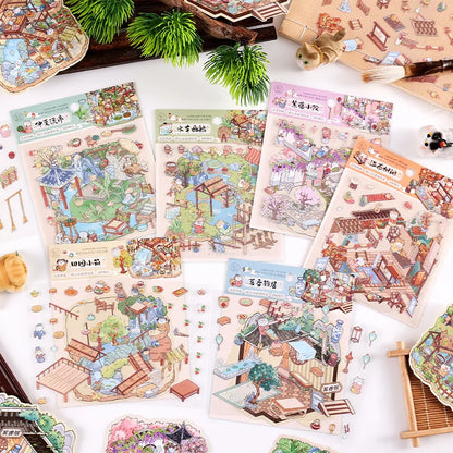 Rertro Cute Cartoon Chinese Courtyard 3D Sticker Set DIY Garden Miniature Diorama Decals Landscape Stickers for Journaling