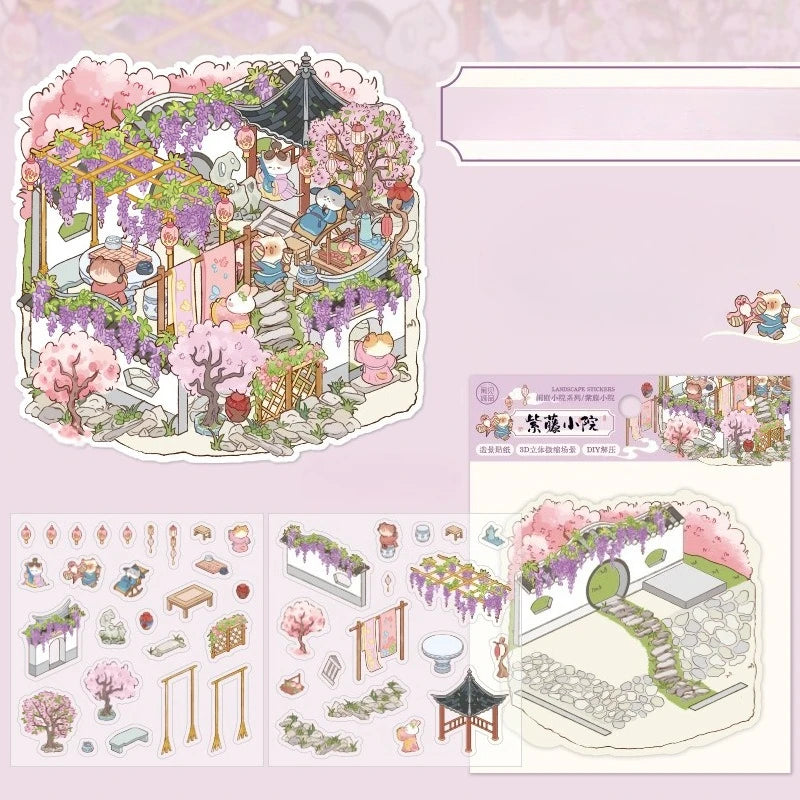 Rertro Cute Cartoon Chinese Courtyard 3D Sticker Set DIY Garden Miniature Diorama Decals Landscape Stickers for Journaling