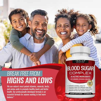 Blood Sugar Complex Supplement Balance Blend Complex for Men Women- Natural 20 Herbs and Vitamins with Cinnamon, Vegan Capsules