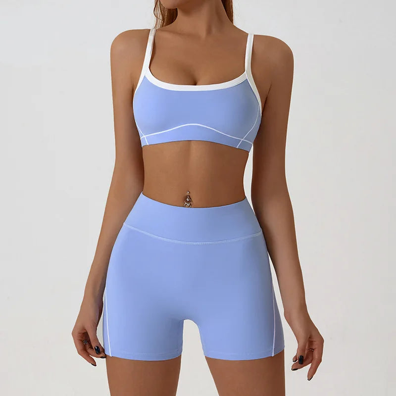 Nude High-elasticity Yoga Suit Contrasting Color Bra Halter Top Hip-lifting Fitness Line Shorts Pilates Sports Set