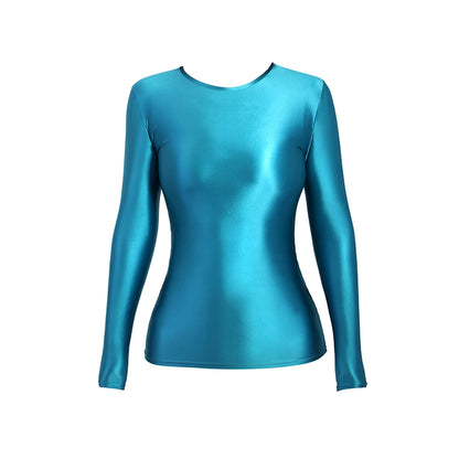 MJINM Glossy Satin Elastic Crewneck Longsleeve Breathable Tops Blouse Streetwear Sport Fitness Yoga Tees Casual Tight Undershirt