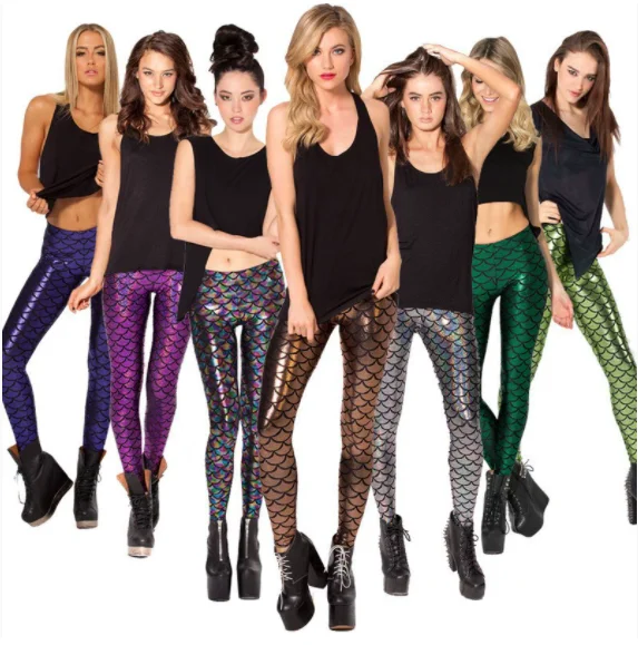 Woman Mermaid Fish Scale Leggings Slim Skinny Leggings Multicolor Printing Spring Summer Running Gym Stretchy Pants Trousers