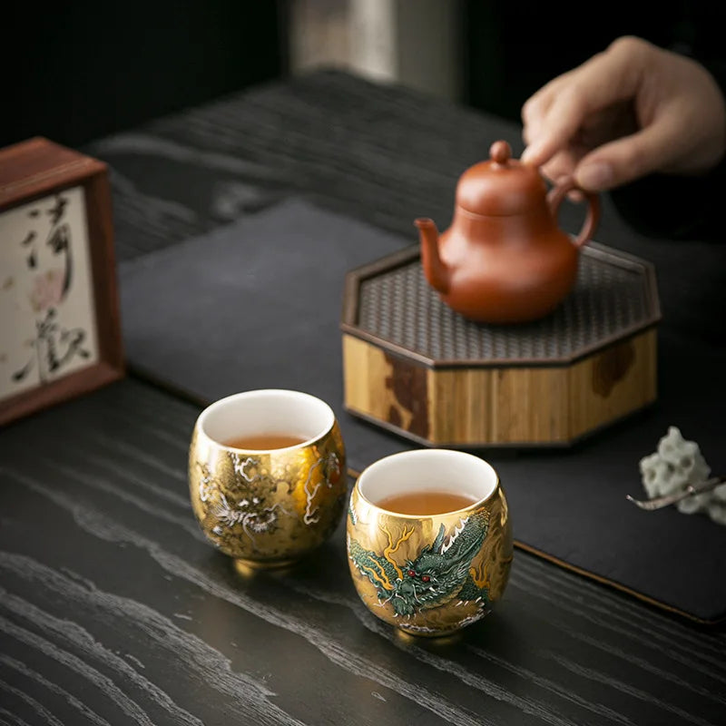 Pure gold teacup dragon and phoenix pair cup master cup personal special gilt kung fu tea set merchandise Guochao