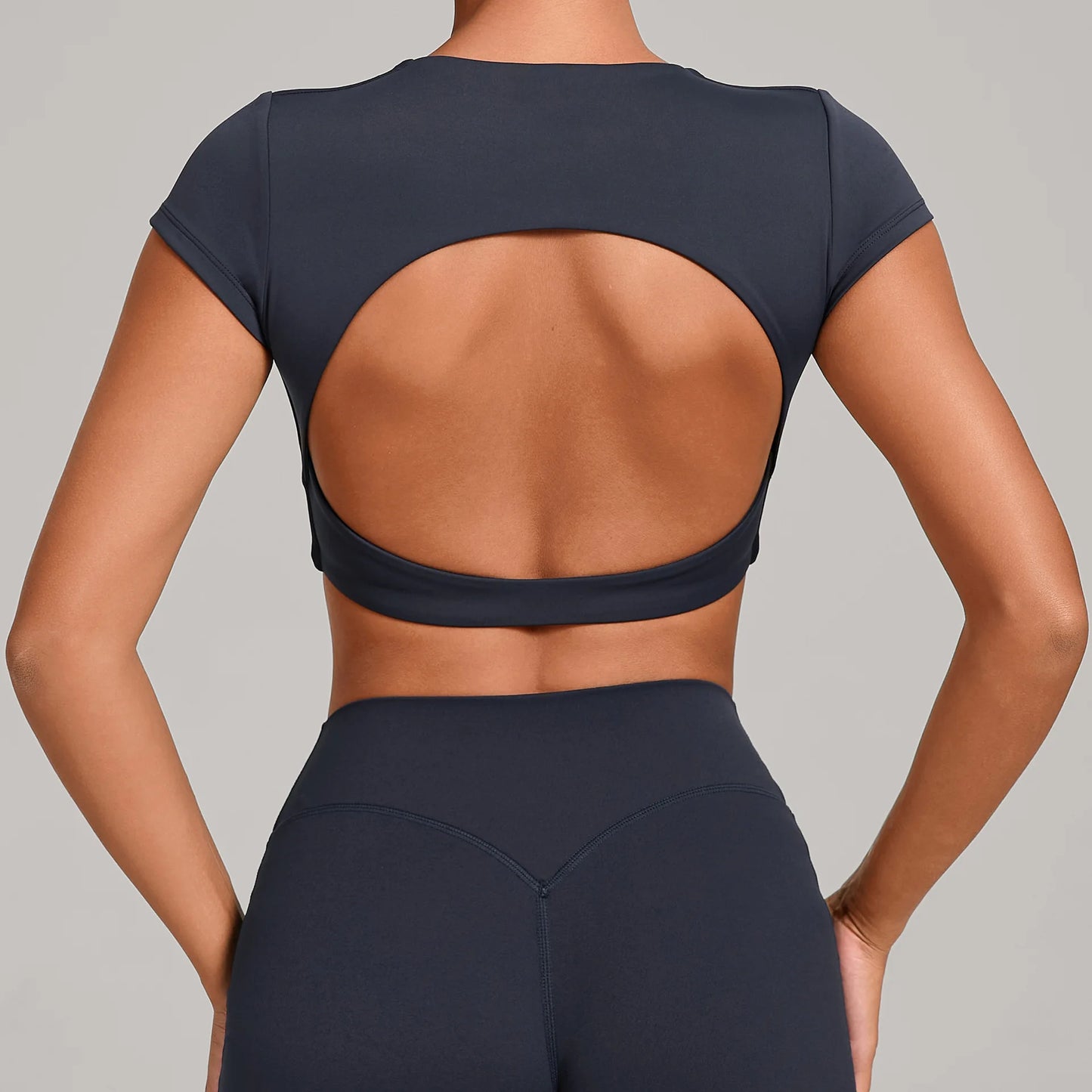 Hollow Backless Short Sleeve Sporty Slim T-shirt Women Crop Top Breathable Quick Dry Gym Workout Top Sport Shirt Fitness Clothes